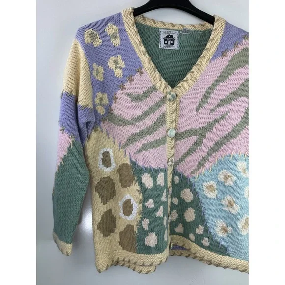 Storybook Knits Patchwork Spring Themed Cardigan Sweater Ramie Cotton Size Large - Picture 3 of 16